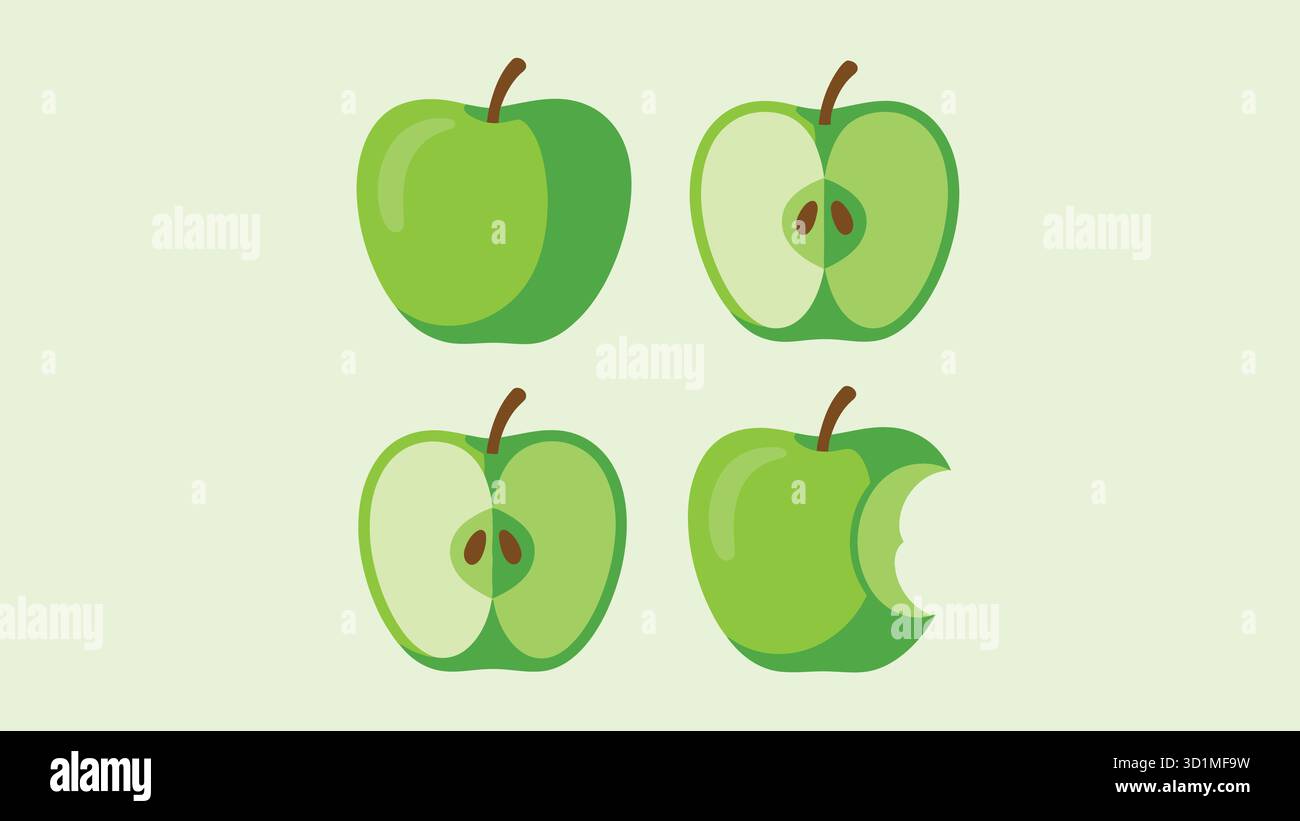 Ensemble d'illustration de pomme verte montrant des fruits entiers, coupés en deux et mordus pour la nourriture, la nutrition et les thèmes de conception d'alimentation saine Illustration de Vecteur
