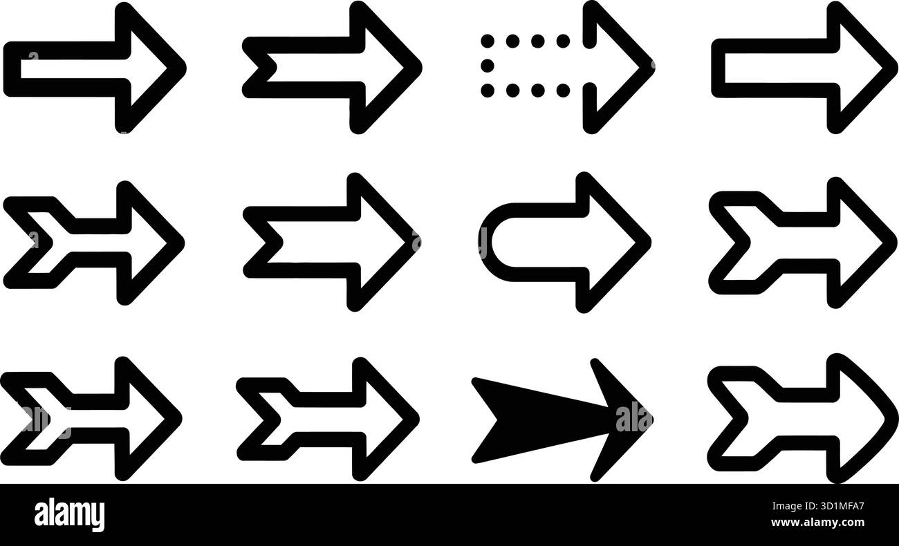 Jeu d'icônes de flèche avec douze conceptions noires uniques dans la disposition de grille pour l'interface utilisateur, la direction, le mouvement et les thèmes de conception graphique Illustration de Vecteur