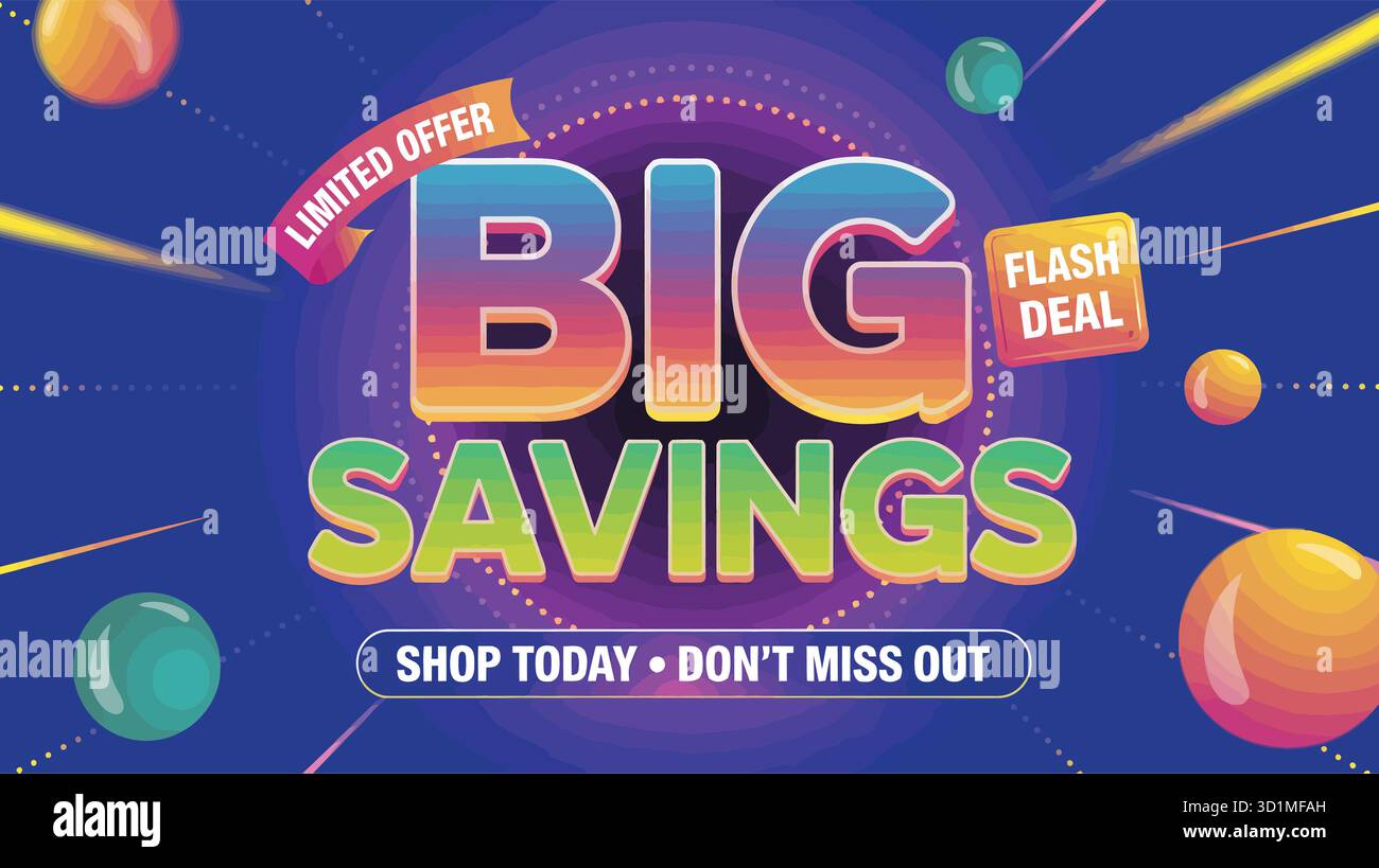 Bannière de vente promotionnelle avec texte en gras, étiquettes flash d'offre et fond vibrant pour le marketing, la vente au détail et les thèmes de conception e-commerce Illustration de Vecteur