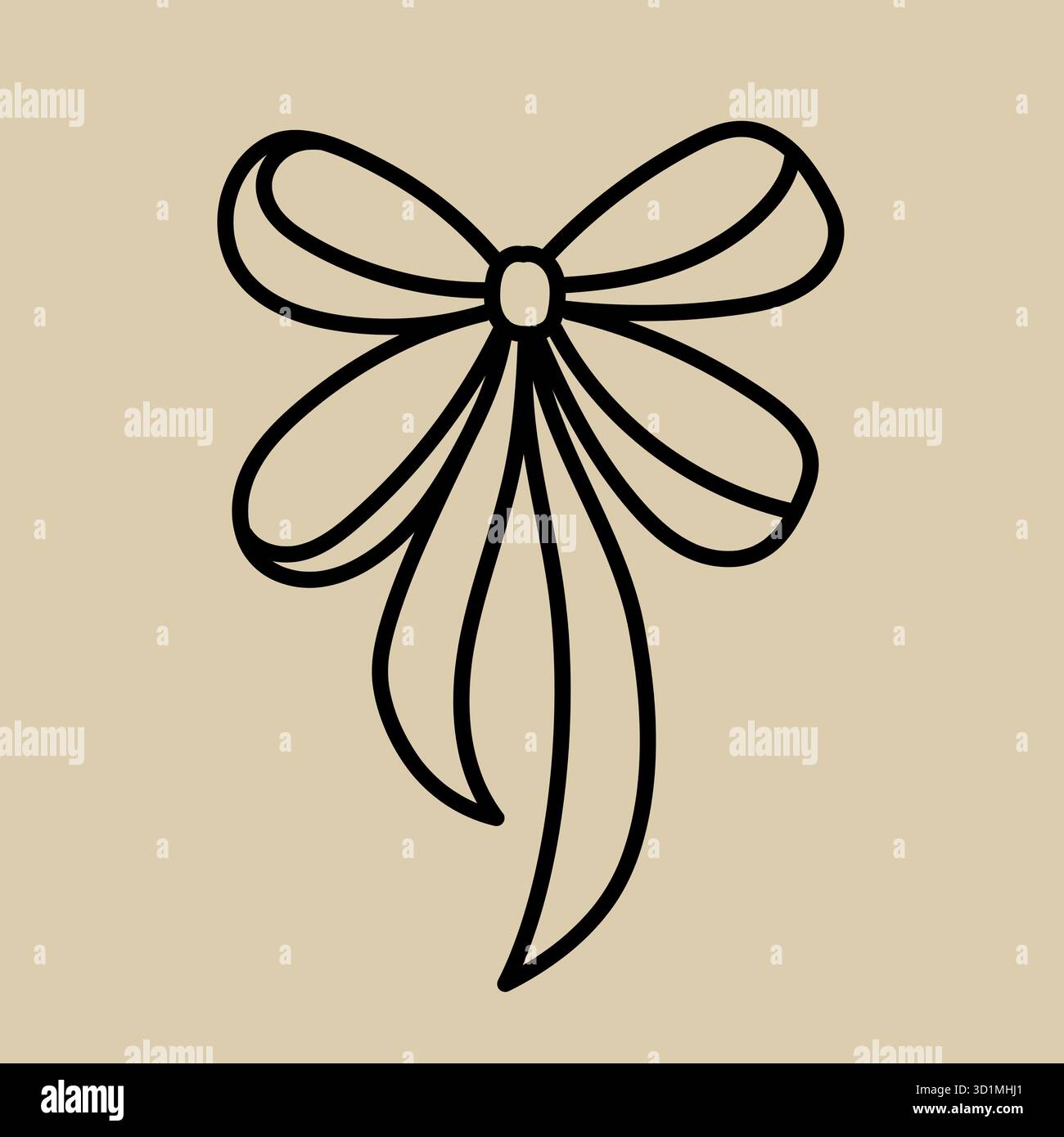 Contour noir simple d'un arc décoratif avec de longs rubans coulants sur un fond beige. Illustration de Vecteur