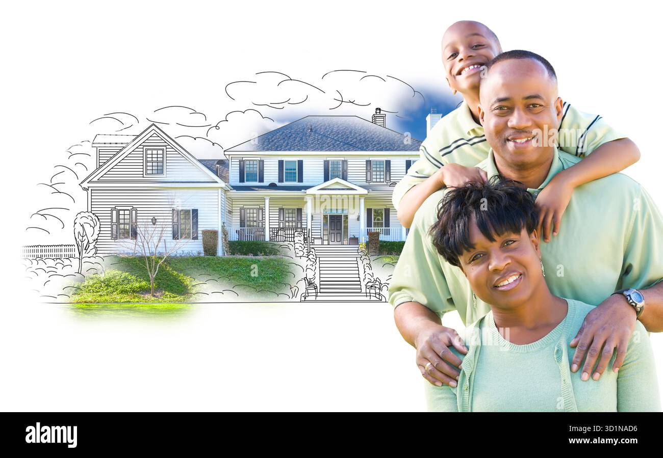 Famille afro-américaine sur dessin de maison et photo sur blanc Banque D'Images