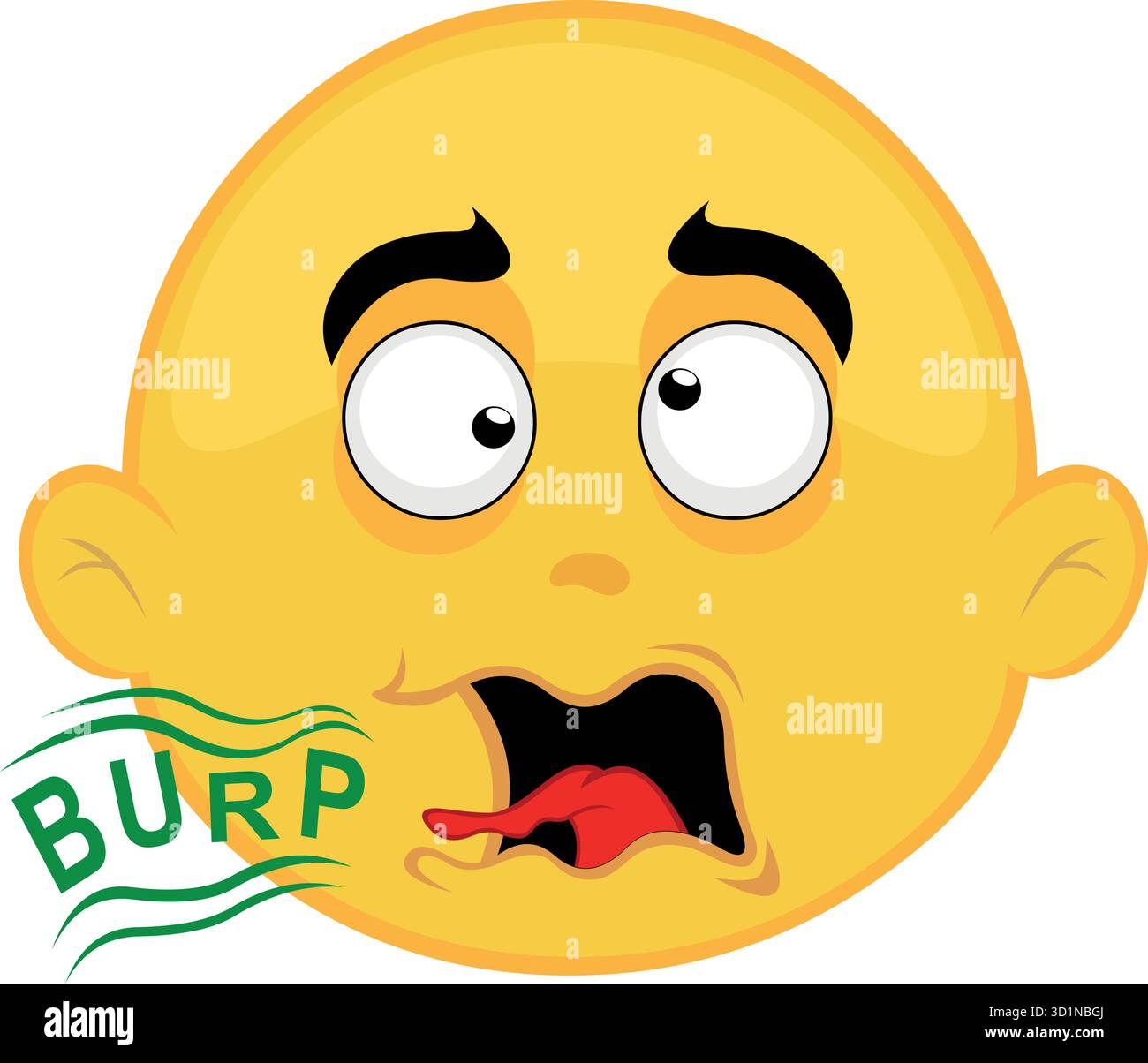 illustration vectorielle caractère jaune visage dessin animé émoticône, bouffée de bouche avec le texte burp Illustration de Vecteur