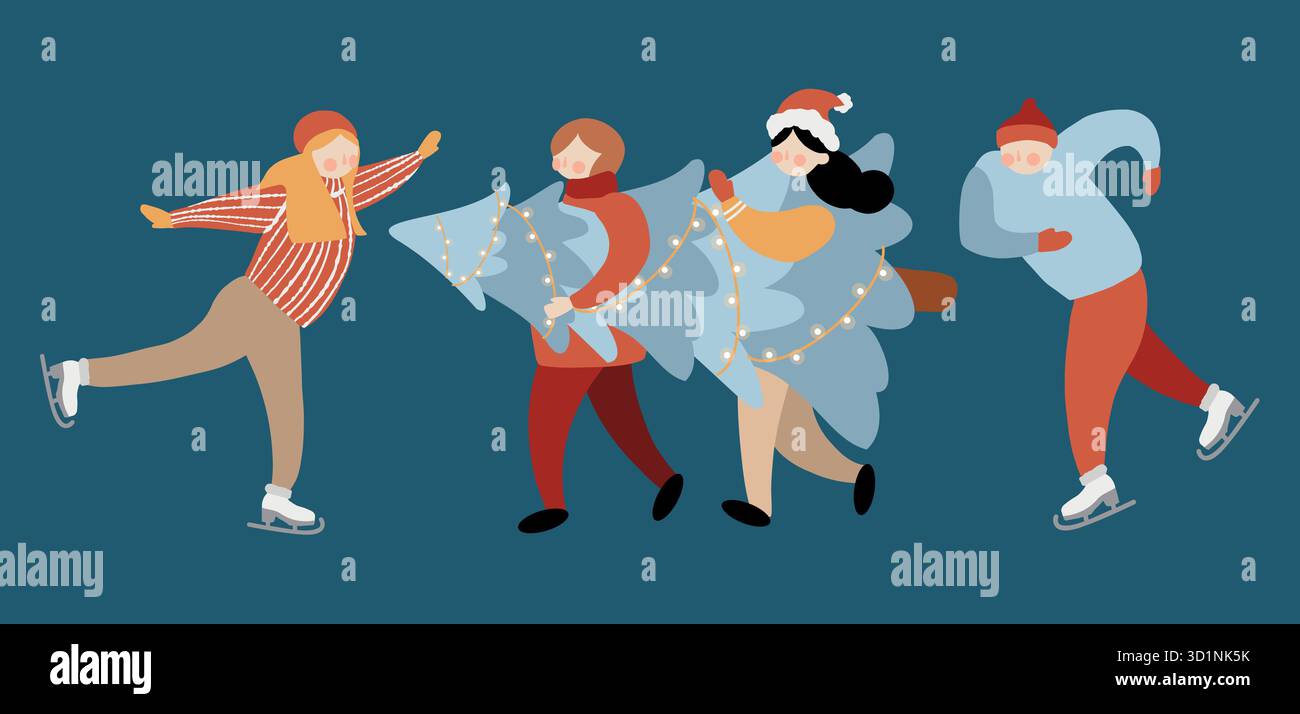 Un ensemble d'illustrations vectorielles de gens de Noël. Un homme et une femme patinent sur glace, et un garçon et une fille portent un sapin de Noël. Clipart plat d'hiver isolé sur un fond bleu foncé Illustration de Vecteur