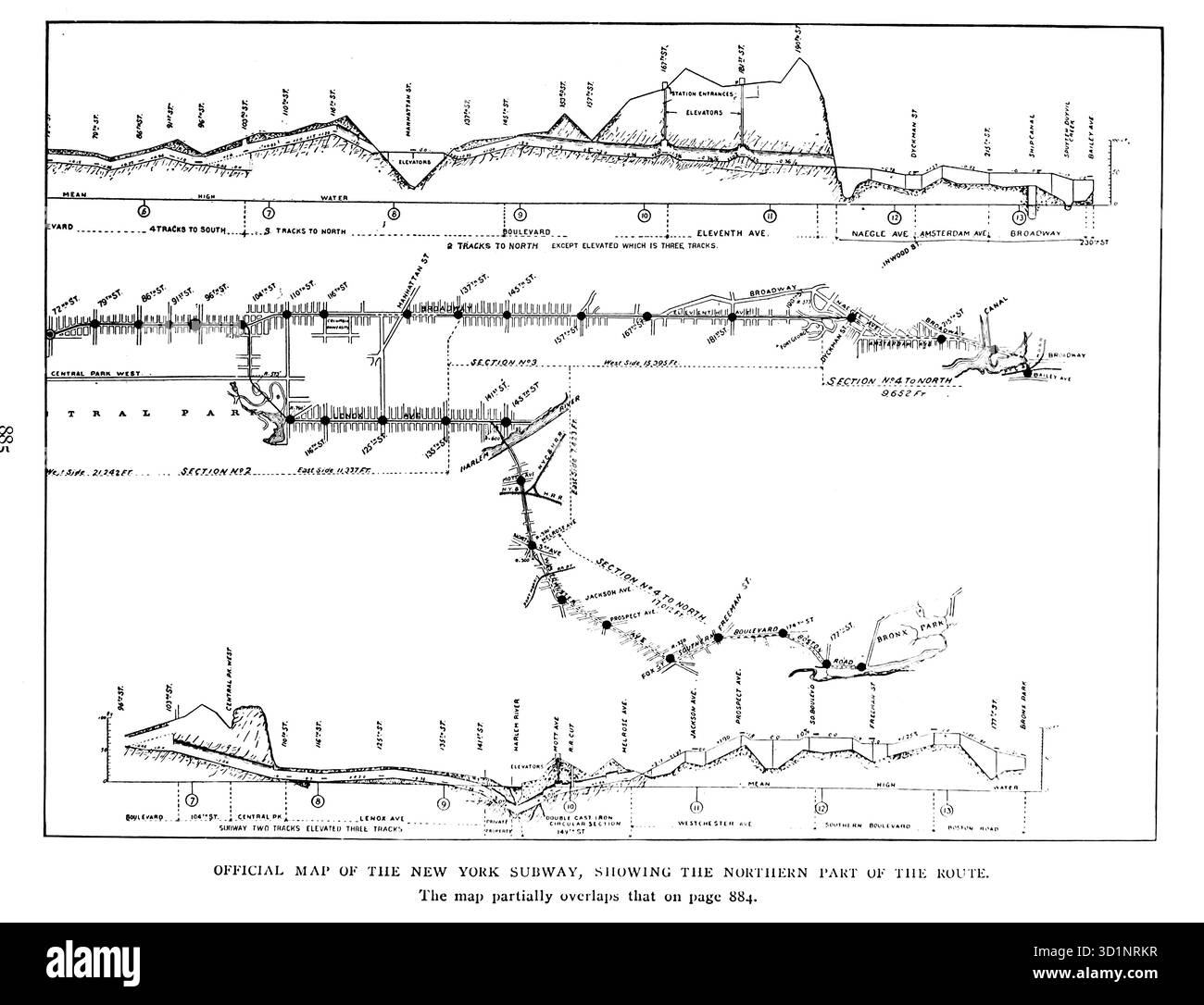 Carte officielle du métro New-yorkais, montrant la partie nord de la route de l'article LE MÉTRO RAPIDE NEW-YORKAIS. Par H. C. Fyfe. Tiré de l'Engineering Magazine consacré au progrès industriel volume XXVII avril - septembre 1904 The Engineering Magazine Co Banque D'Images