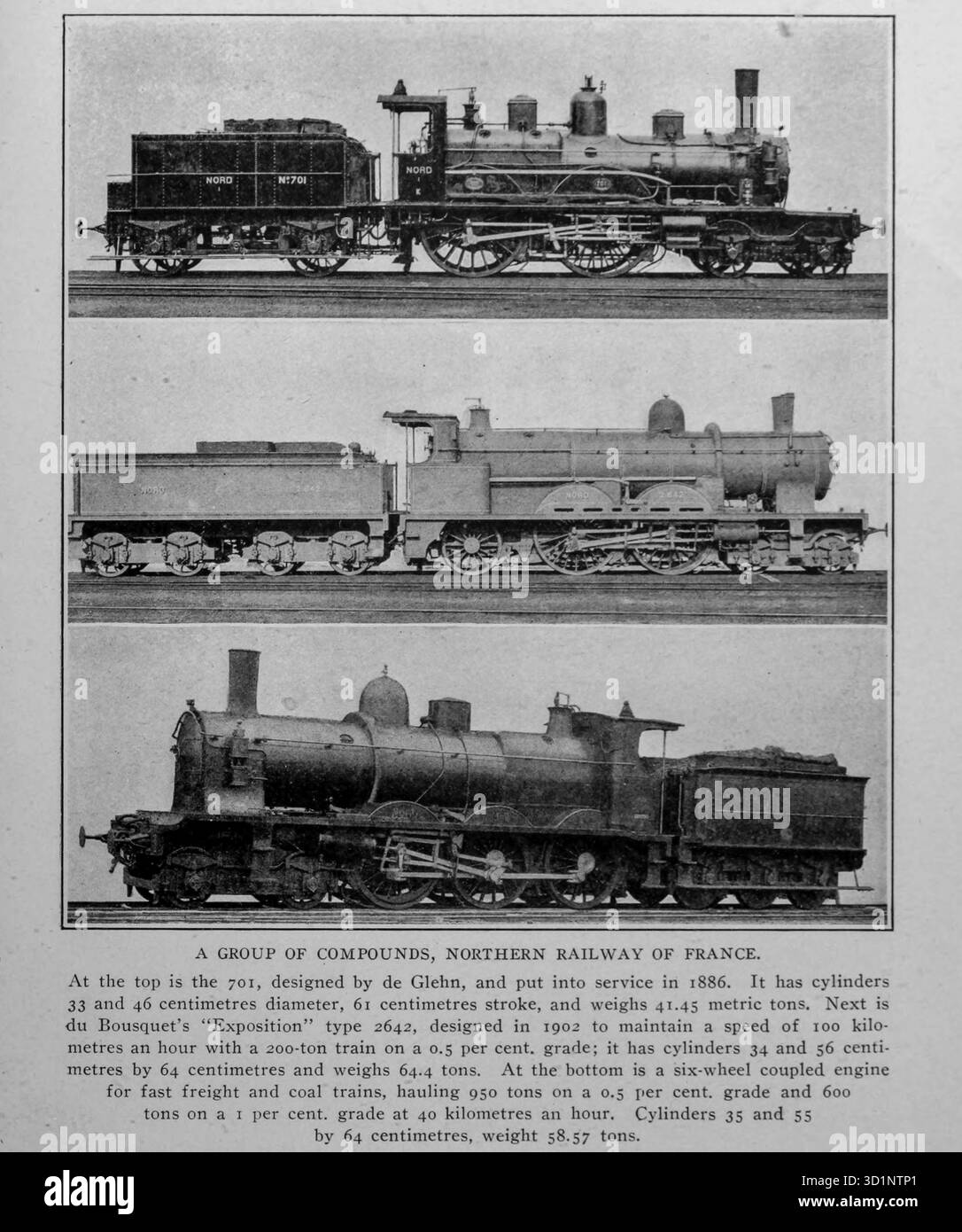 UN GROUPE DE COMPLEXES, CHEMIN DE FER DU NORD DE LA FRANCE. Au sommet se trouve le 701, conçu par de Glehn, et mis en service en 1886. Il a des cylindres de 33 et 46 centimètres de diamètre, 61 centimètres de course, et pèse 41,45 tonnes métriques. Vient ensuite l'« exposition » type 2642 de du Bousquet, conçue en 1902 pour maintenir une vitesse de 100 kilomètres à l'heure avec un train de 200 tonnes sur une pente de 0,5 % ; elle a des cylindres de 34 et 56 centimètres sur 64 centimètres et pèse 64,4 tonnes. En bas se trouve un moteur à six roues accouplé pour les trains rapides de fret et de charbon, transportant 950 tonnes sur une pente de 0,5 % et 600 tonnes sur une pente de Banque D'Images