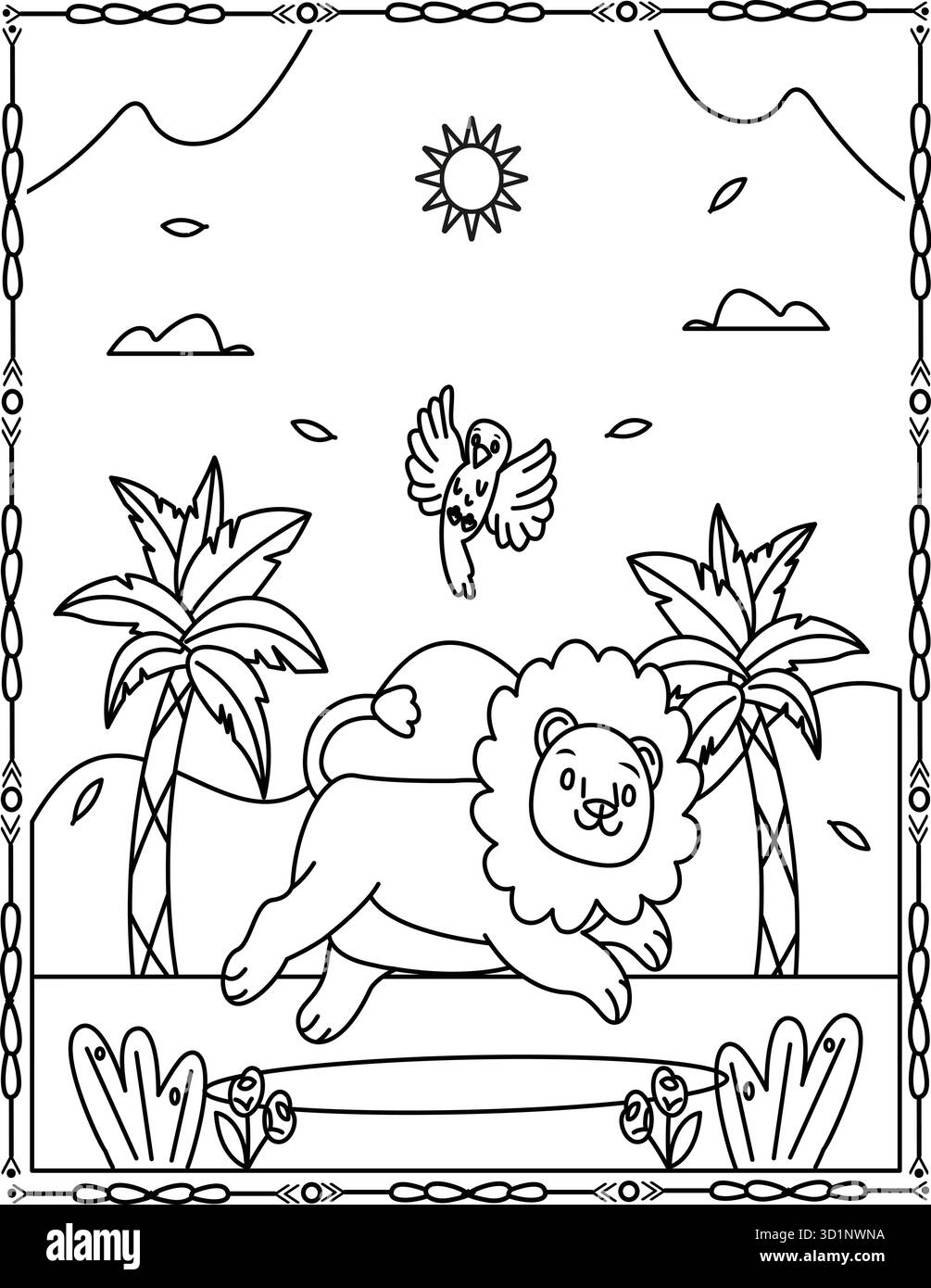 Page de coloriage Cute Lion. Dessin animé Jungle animal Line illustration d'art pour les enfants et les adultes. Illustration de Vecteur