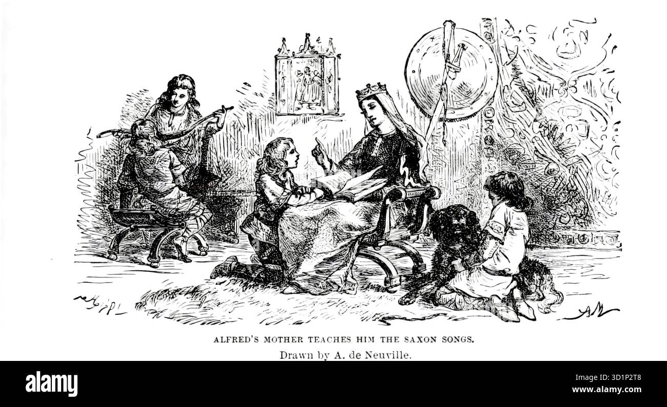 La mère d'Alfred lui enseigne les chansons saxonnes de A. de Neuville du LIVRE XIII Alfred et ses successeurs dans le volume 12, de l'histoire universelle de Ridpath : un compte rendu de l'origine, de la condition primitive et du développement ethnique des grandes races de l'humanité, et des principaux événements dans l'évolution et le progrès de la vie civilisée entre les hommes et les Nations, à partir de sources récentes et authentiques avec une enquête préliminaire sur le temps, le lieu et la manière du commencement par Ridpath, John Clark, 1840-1900 publié en 1897 Banque D'Images