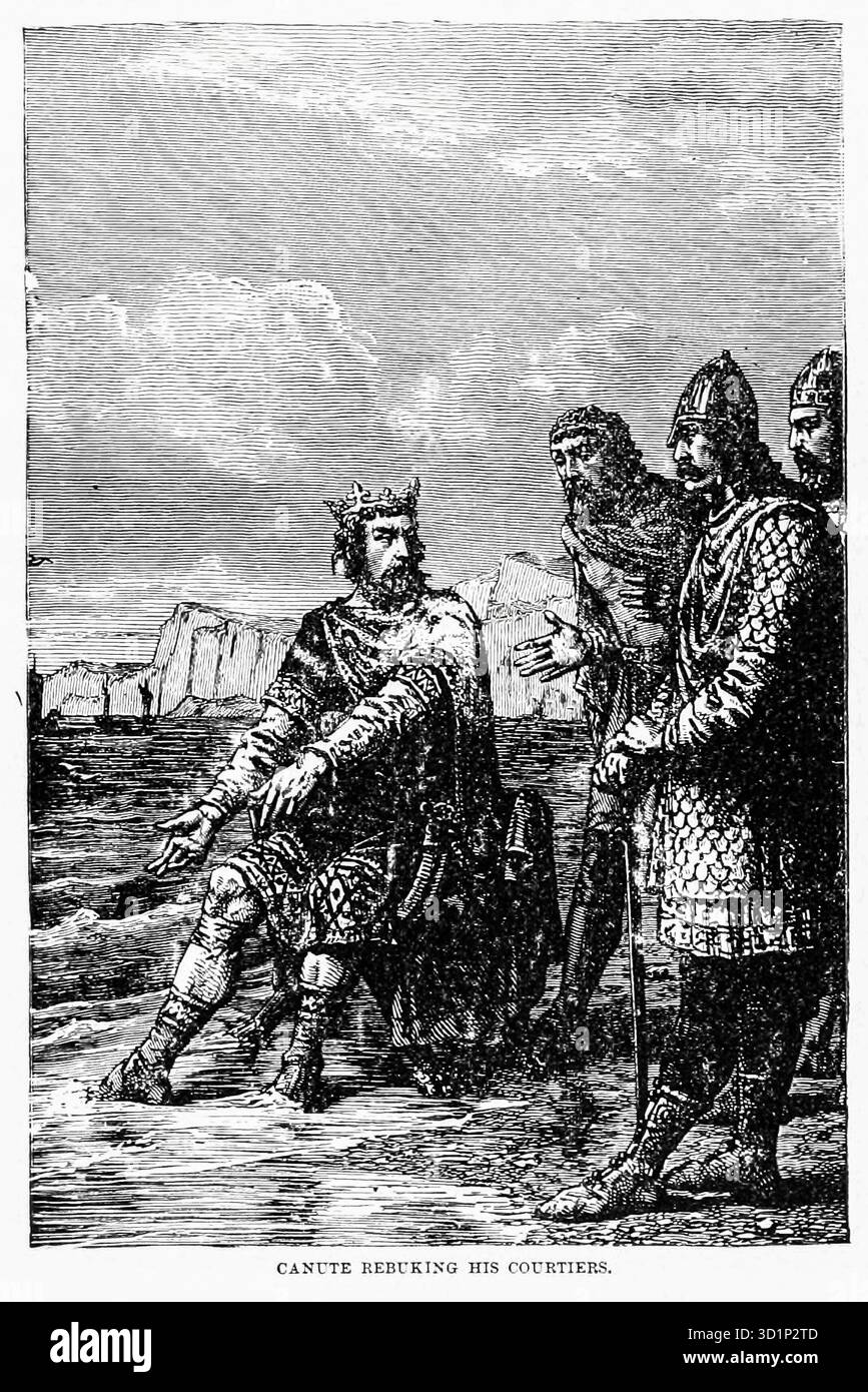 Canute réprimandant ses courtisans [roi du Danemark et de Norvège qui a forcé Edmond II à diviser l'Angleterre avec lui ; à la mort d'Edmond II, Canute est devenu roi de toute l'Angleterre (994-1035)] du LIVRE XIII Alfred et ses successeurs dans le volume 12, de l'histoire universelle de Ridpath : un compte rendu de l'origine, de la condition primitive et du développement ethnique des grandes races de l'humanité, et des principaux événements dans l'évolution et le progrès de la vie civilisée entre les hommes et les Nations, à partir de sources récentes et authentiques avec une enquête préliminaire sur le temps, le lieu et la manière du commencement par Ridpath, John Clar Banque D'Images
