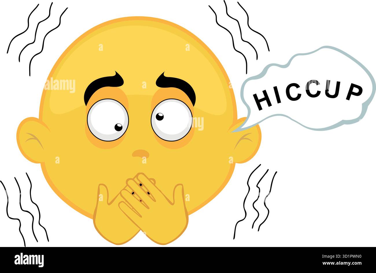 illustration vectorielle jaune personnage de visage dessin animé émoticône, ayant symptôme de hoquet et une bulle de discours avec le texte de hoquet Illustration de Vecteur