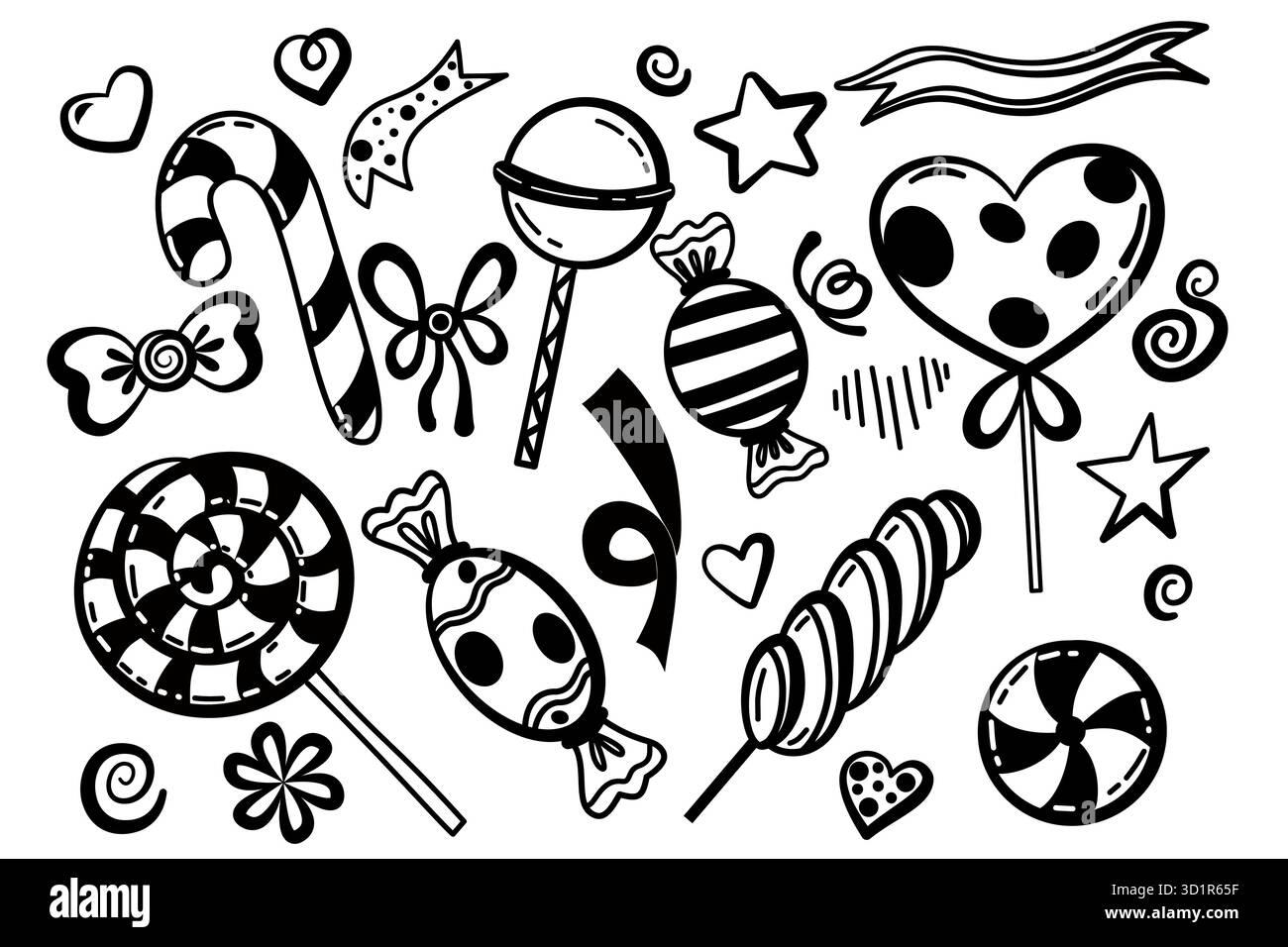 Ensemble de bonbons Doodle Sweet. Bonbons, bonbons au chocolat, réglisse, sucette. Illustration d'esquisse dessinée à la main. Illustration de Vecteur