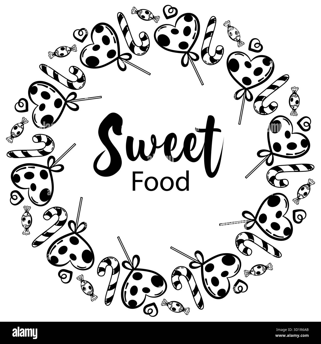 Un cadre rond de bonbons sucrés, sucettes et caramel. Illustration de gribouillage dessinée à la main. Illustration de Vecteur