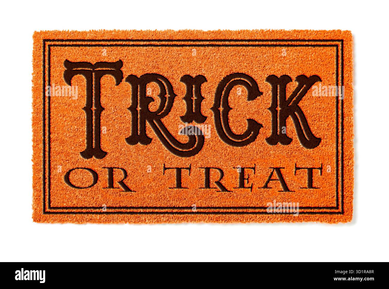 Trick or Treat Halloween Orange Welcome Mat isolé sur fond blanc Banque D'Images