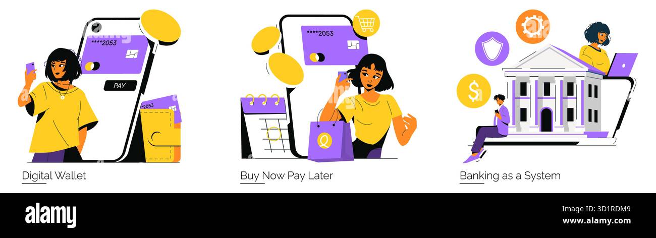 Illustrations vectorielles montrant une personne utilisant un portefeuille numérique, acheter maintenant payer plus tard concept, et système bancaire en ligne. Dépeint la technologie financière moderne et la commodité dans la vie quotidienne. Illustration de Vecteur