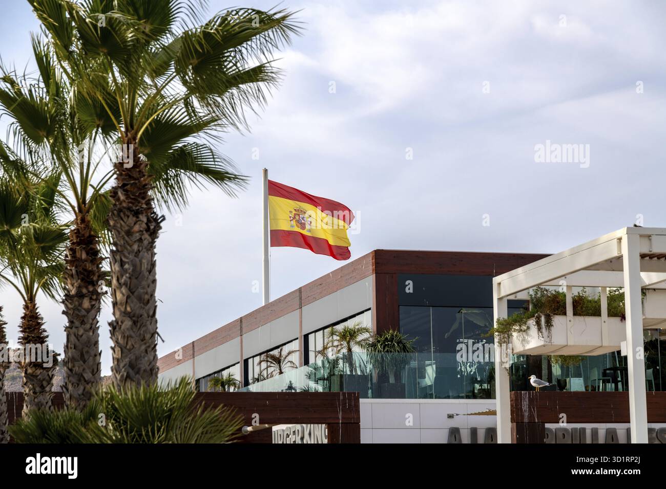 Cartagena, Murcie - Espagne - 01-16-2024 : le drapeau espagnol flotte fièrement au-dessus d'une structure contemporaine à Carthagène Banque D'Images