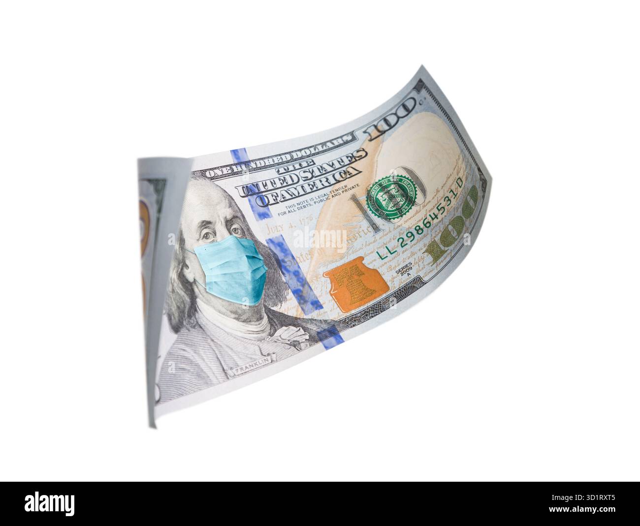 Billet de cent dollars avec masque facial médical sur Benjamin Franklin isolé sur Blanc Banque D'Images