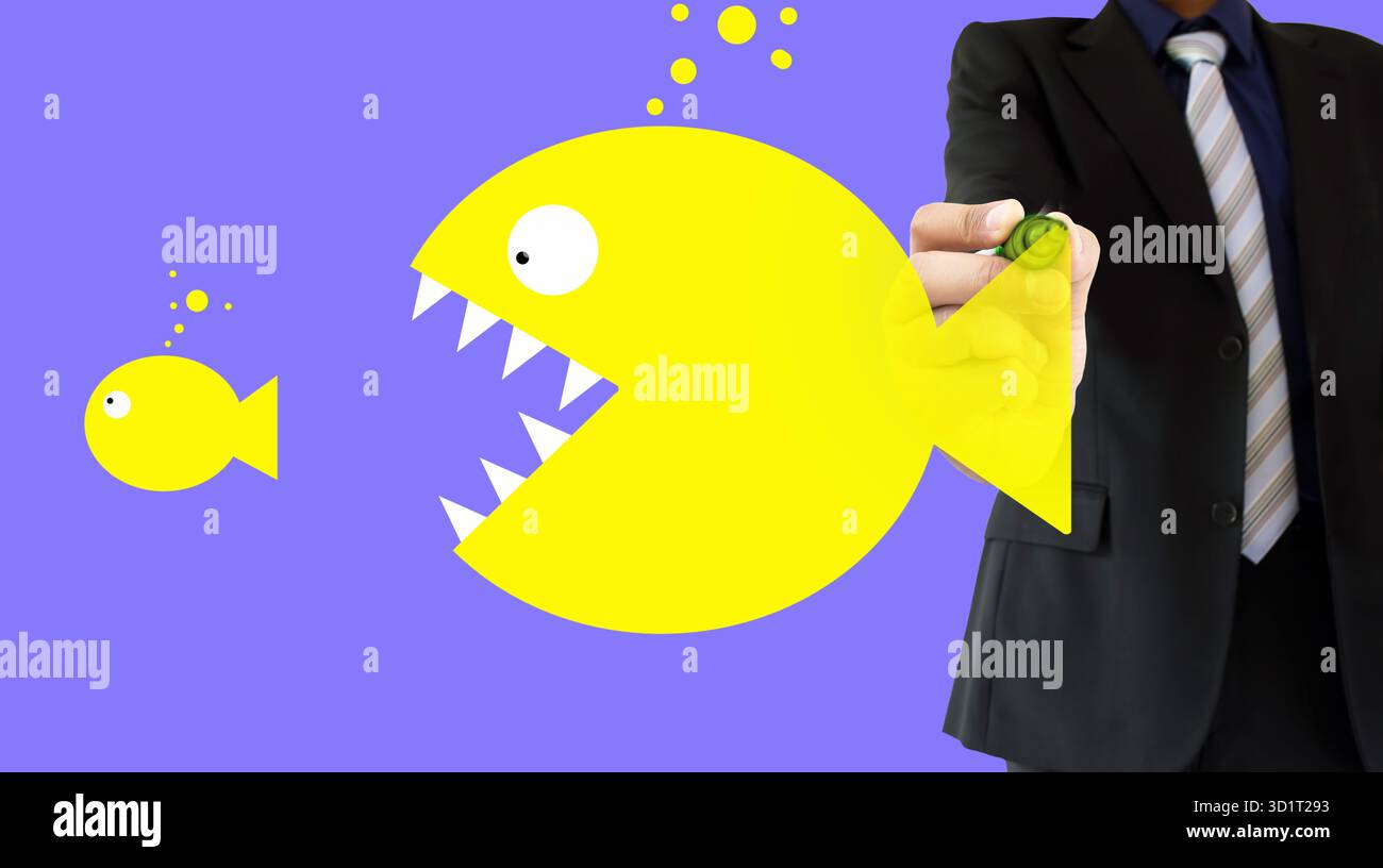 homme d'affaires dessine le concept de gros poisson mangeant le petit poisson écrivant sur une planche à lingettes Banque D'Images