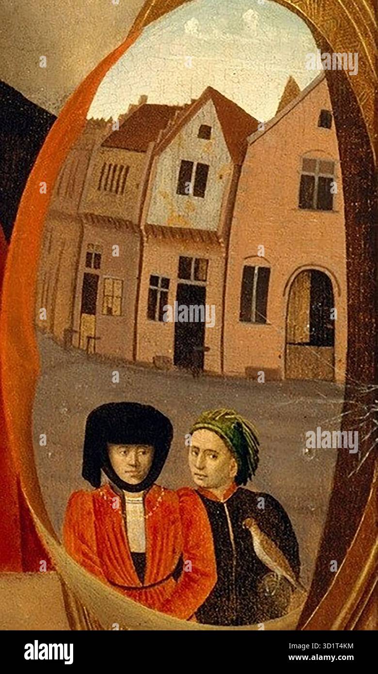 Saint Eligius dans l'atelier d'un orfèvre est une huile sur panneau peinte par Petrus Christus (c.1410-1475), un peintre néerlandais du début de la Renaissance. L'œuvre représente Saint Eligius, le saint patron des orfèvres, instruisant les apprentis dans un atelier détaillé. Christus combine une attention méticuleuse aux détails matériels, à la perspective linéaire et aux figures naturalistes, reflétant l'intérêt de la Renaissance du Nord pour l'artisanat, la vie quotidienne et les thèmes de dévotion. La peinture met en évidence à la fois les compétences techniques et l'instruction morale. Banque D'Images