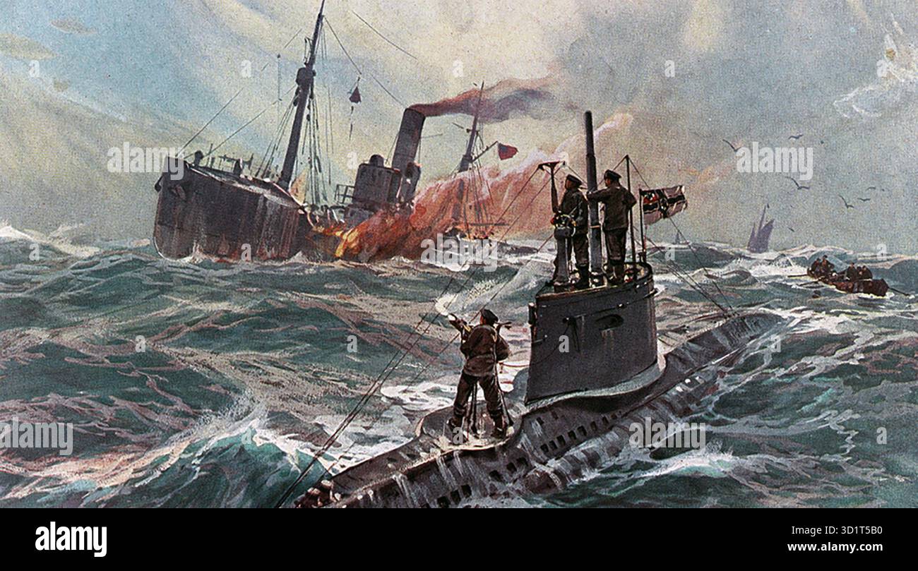 WILLY STÖWER 1864-1931) artiste allemand. Sa peinture de 1916 d'un U-boat allemand coulant un chalutier anglais. Extrait d'un album tenu dans la Bibliothèque o0f Congrès. Banque D'Images