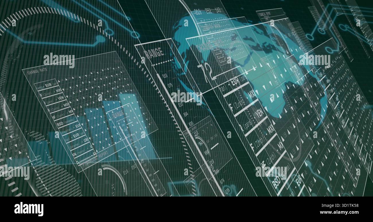 Affichage du tableau de bord sur une grille sombre, montrant les panneaux translucides superposés et les tables de devises Banque D'Images