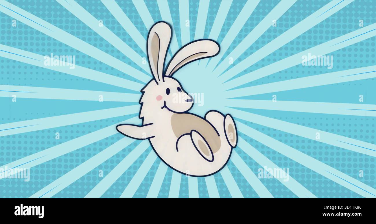 Lapin de dessin animé flottant dérivant au-dessus des poutres bleues pop art, motif abstrait de points en demi-teinte Banque D'Images