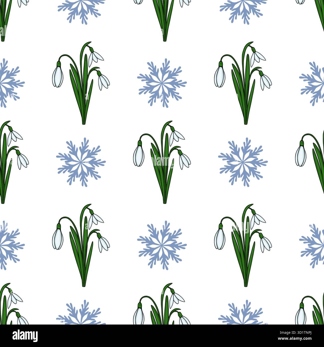 Motif vectoriel sans couture de fleurs de goutte de neige délicates entrecoupées de flocons de neige bleus stylisés, évoquant une transition douce de l'hiver au printemps. Illustration de Vecteur