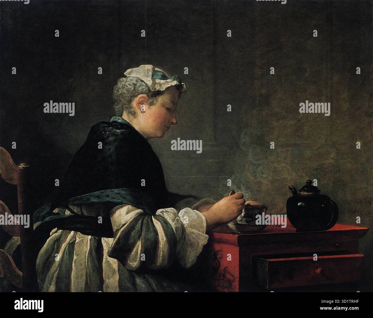 CHARDIN, Jean-Baptiste-SIM?on (née en 1699, Paris, décédée en 1779, Paris) femme prenant le thé 1735 huile sur toile, 80 x 101 cm The Hunterian Art Gallery, Glasgow les premières œuvres de Chardin révélaient déjà une attention à la vie quotidienne qu'il retiendrait. --- mots-clés : ------------- Auteur : CHARDIN, Jean-Baptiste-SIM?on titre : Woman Taking Tea Time-line : 1701-1750 École : Français forme : peinture type : genre Banque D'Images