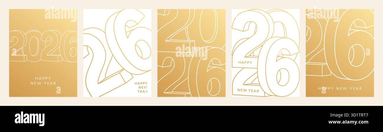 Ensemble d'affiches Gold 2026, carte de voeux du nouvel an, logo de ligne 3D. Illustration de Vecteur