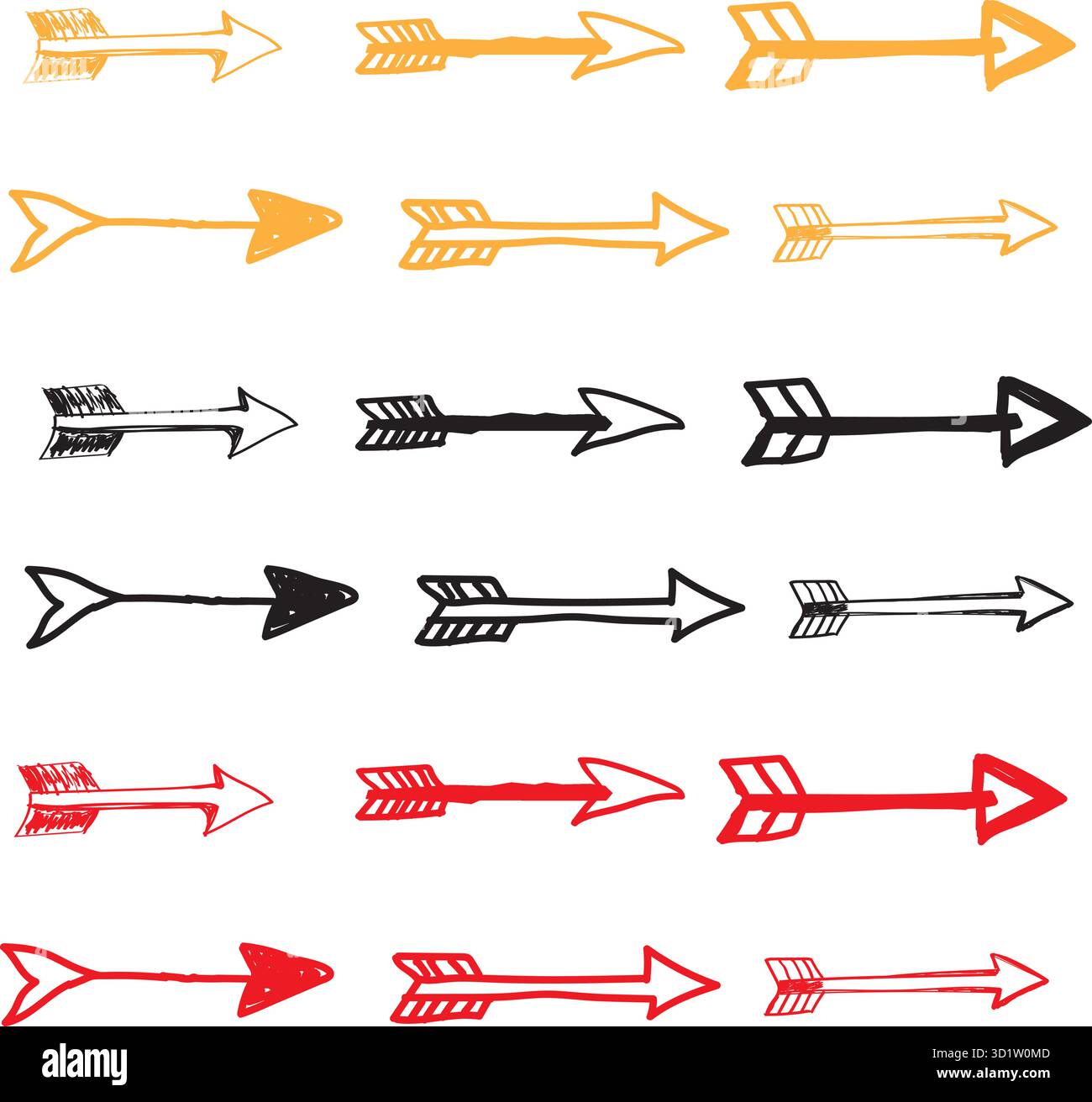 Les éléments de conception de flèches vectorielles définissent la collection de flèches dessinées à la main dans différentes couleurs et styles Illustration de Vecteur
