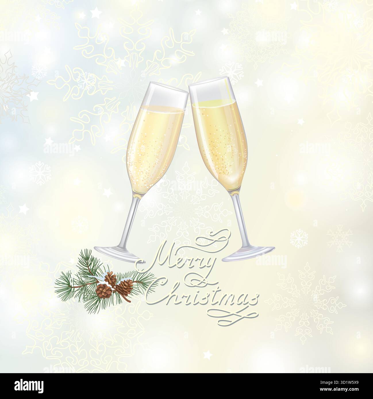 Deux verres à flûte remplis de champagne pétillant sur fond de flou neigeux d'hiver nnoel. Carte de voeux joyeux Noël avec flocons de neige et conifeer Illustration de Vecteur