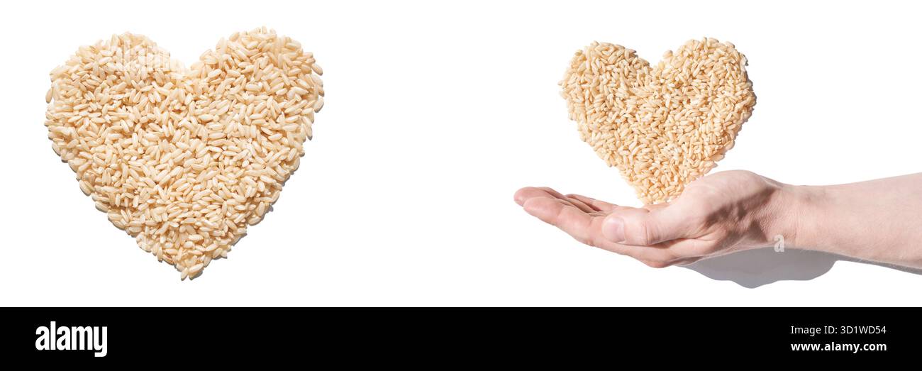 Un tas de riz en forme de cœur, symbolisant l'amour, l'unité et l'espoir. Les grains, divers Banque D'Images