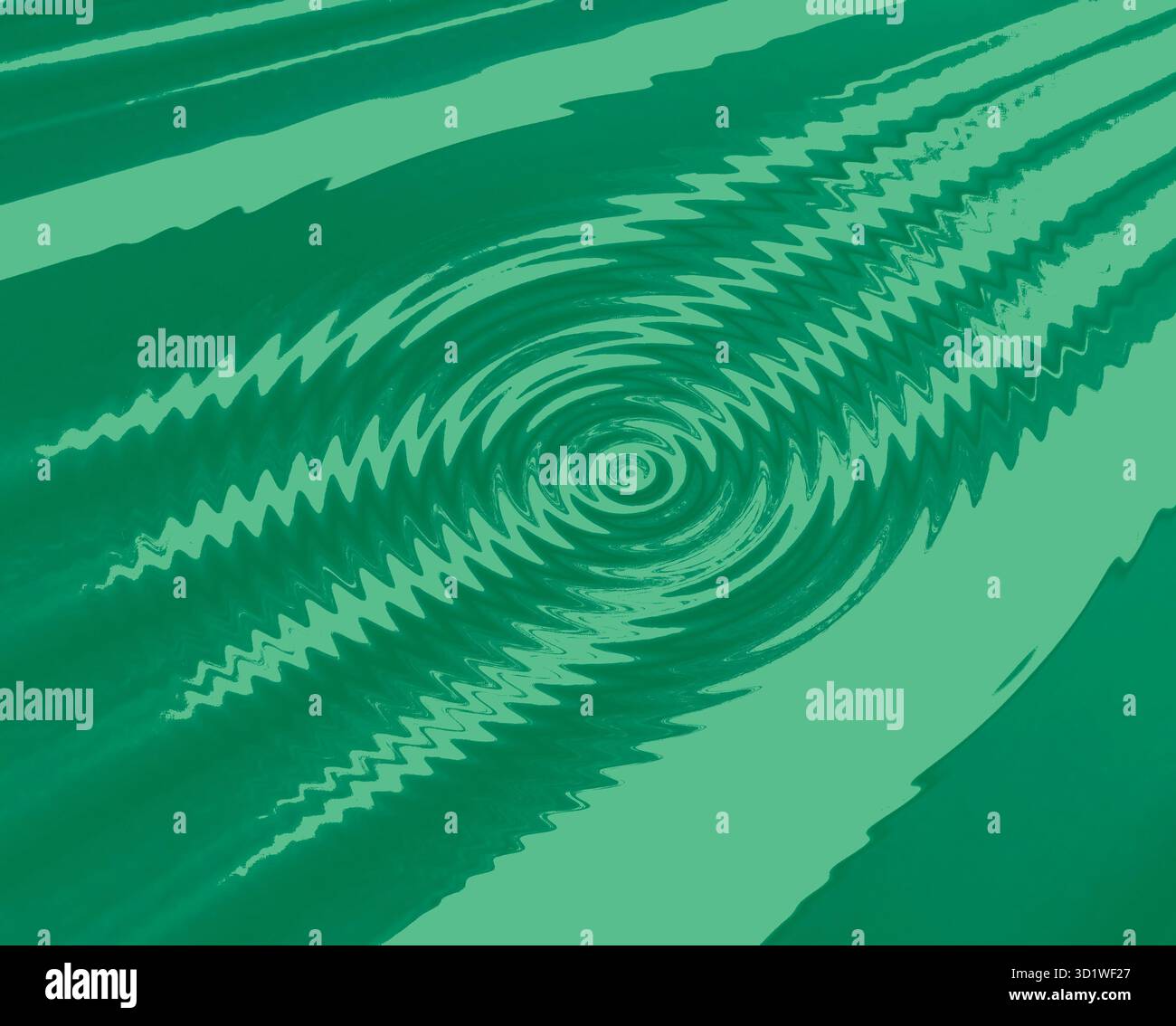 Les ondes sonores intensives explosent à partir du cercle central de vert. Les lignes en zigzag montrent une entrée abrupte à travers la page en diagonale. C'est comme un tremblement de terre. Banque D'Images