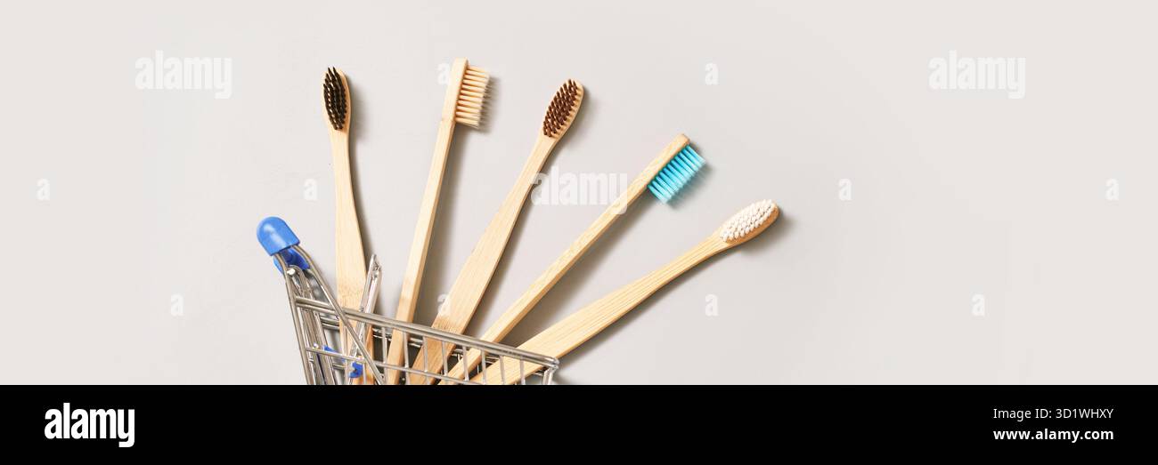 Brosse à dents écologique sur fond gris. Couleur différente. Concept de diversité Banque D'Images