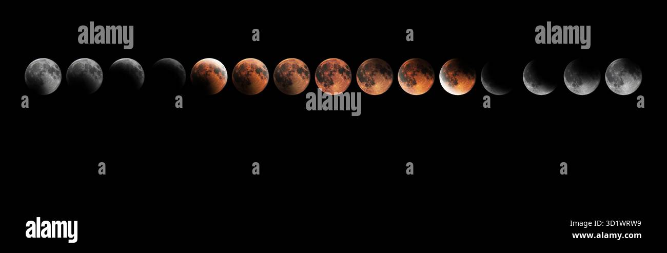 Phases d'éclipse lunaire, lune de sang, Composite éclipse de lune Banque D'Images