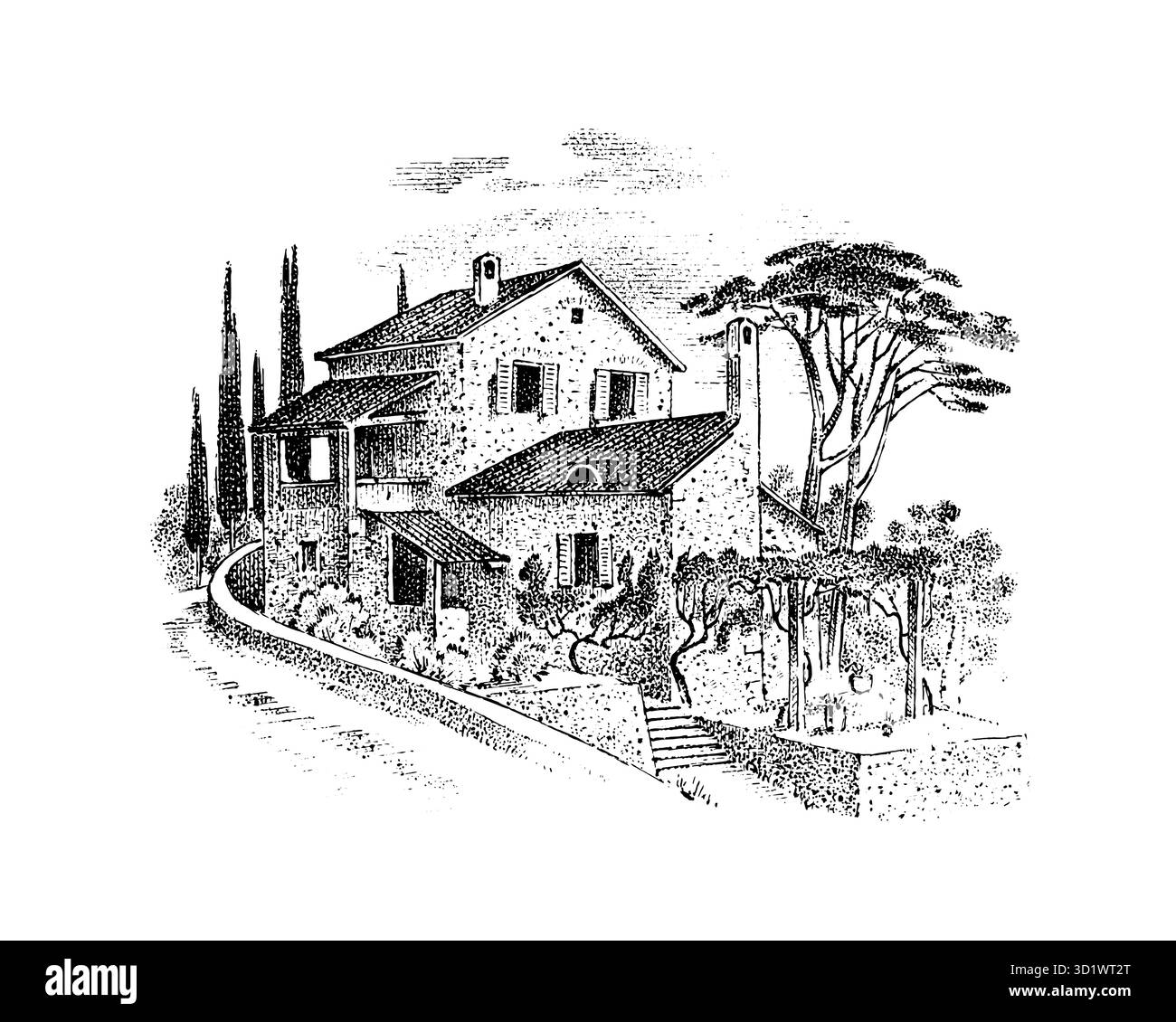 Villa italienne avec pins et cyprès et vignobles. Charpente en bois. Paysage vectoriel. Croquis à l'encre de la rue. Illustration vintage dessinée à la main Illustration de Vecteur