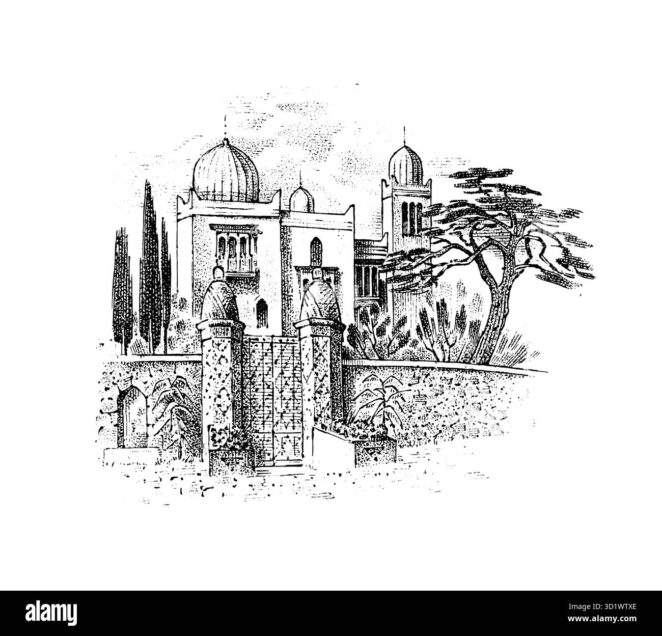 Villa espagnole dans le style mauresque. Paysage vectoriel. Croquis à l'encre de la rue. Illustration vintage dessinée à la main pour livre, emblème ou impression. Illustration de Vecteur