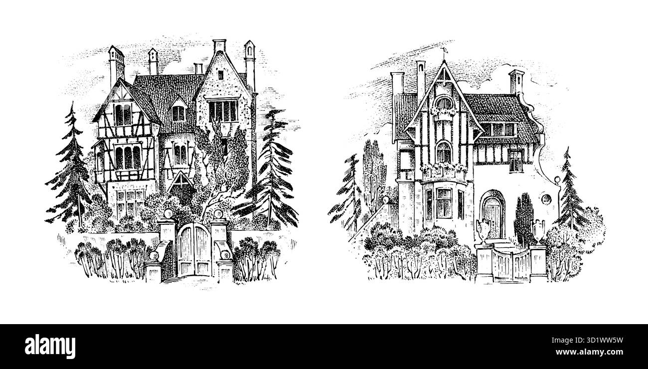 Architecture scandinave, style allemand, maisons à colombages, XVIIIe siècle. Charpente en bois. Paysage vectoriel esquisse d'encre de la rue. Dessiné à la main Illustration de Vecteur