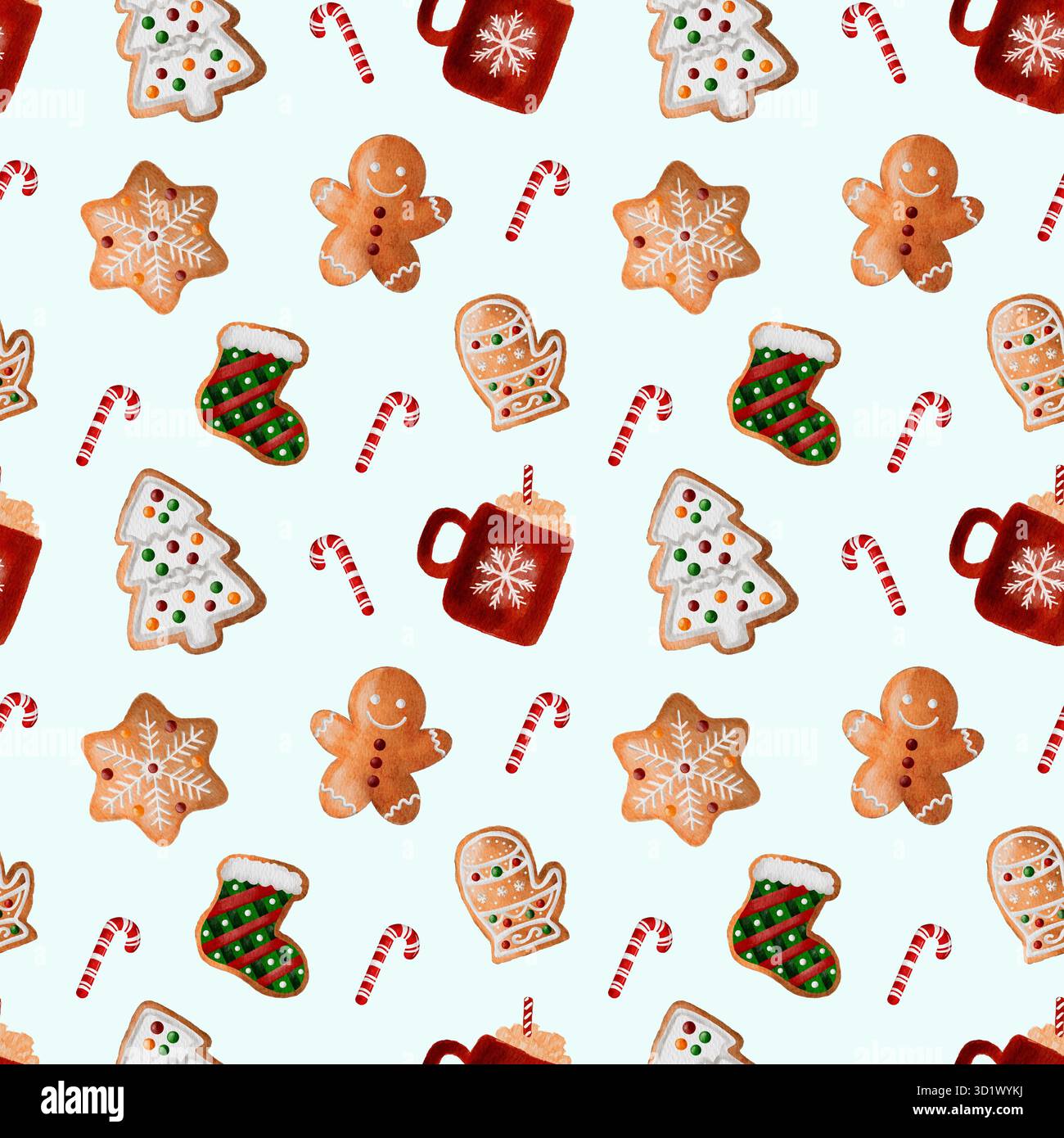 Motif aquarelle de Noël sans couture. Pain d'épice traditionnel de Noël, bonbons et plantes d'hiver. Joli papier numérique de Noël, sublimation, texti Banque D'Images