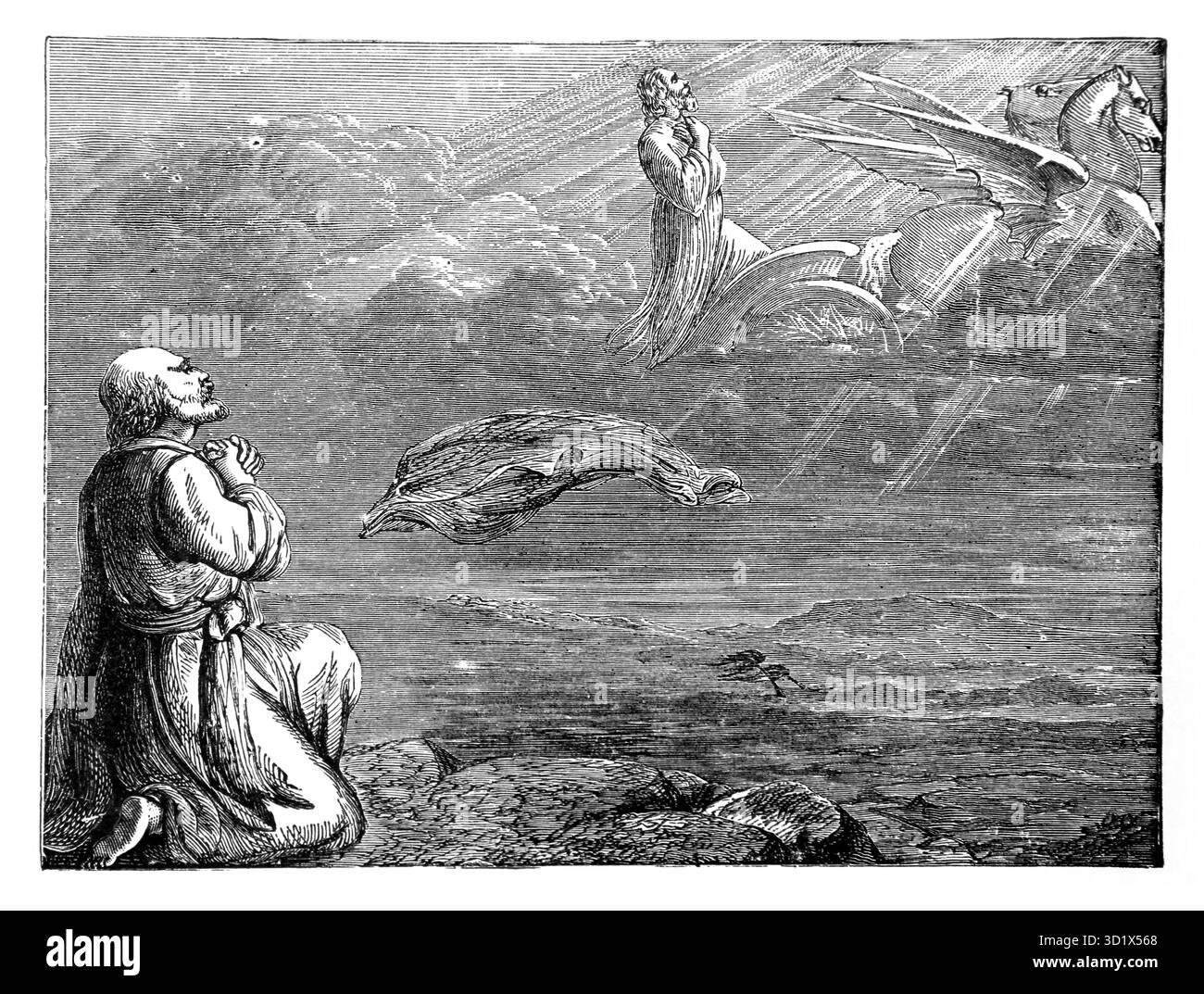 Illustration d'Elijah pris au ciel (2 Rois) Elisée voyant le Prophète Elijah monter dans un tourbillon au ciel dans un chariot de feu avec Eli Banque D'Images