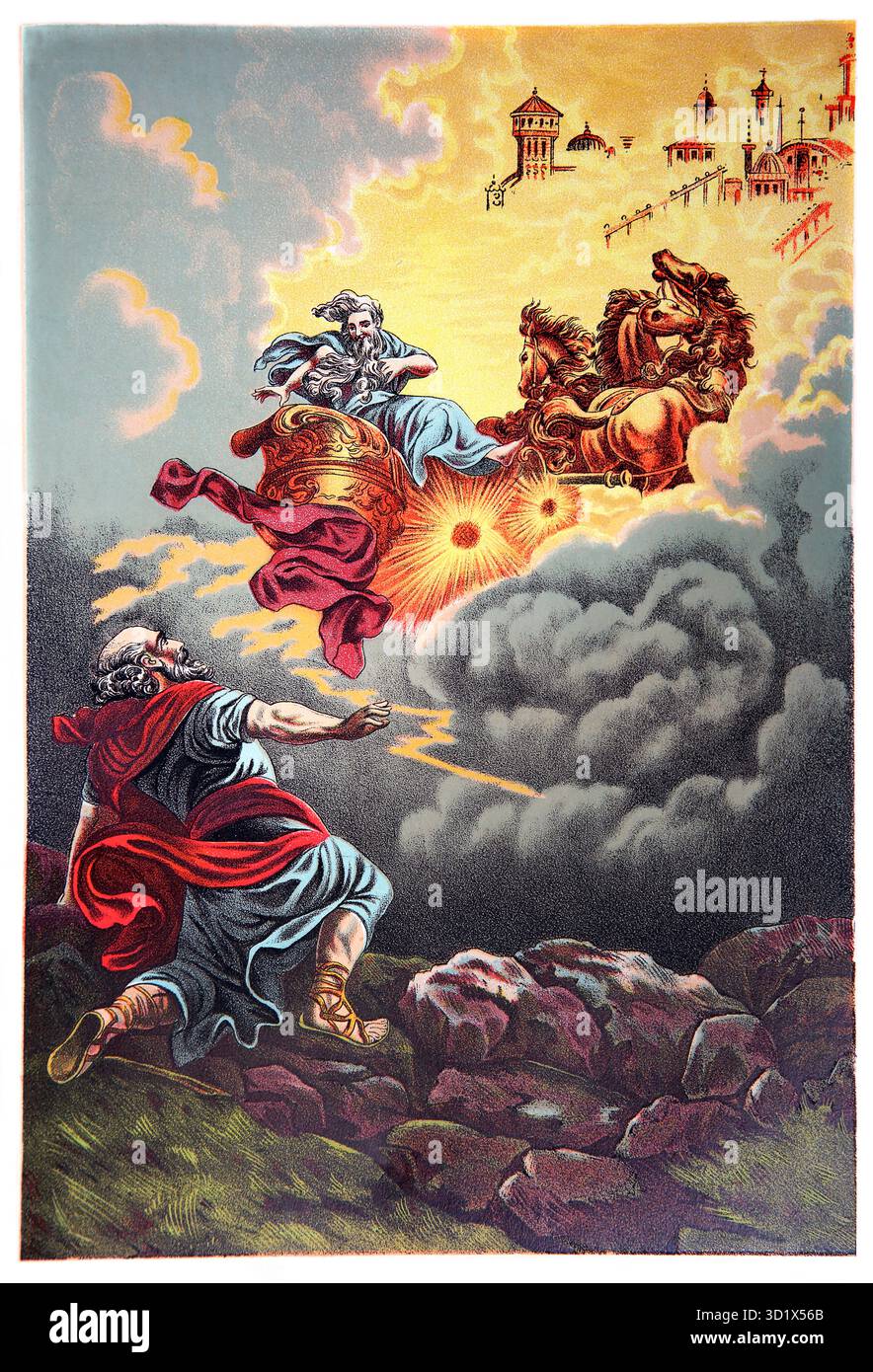 Illustration d'Elijah pris au ciel (2 Rois) Elisée voyant le Prophète Elijah monter dans un tourbillon au ciel dans un chariot de feu avec Eli Banque D'Images