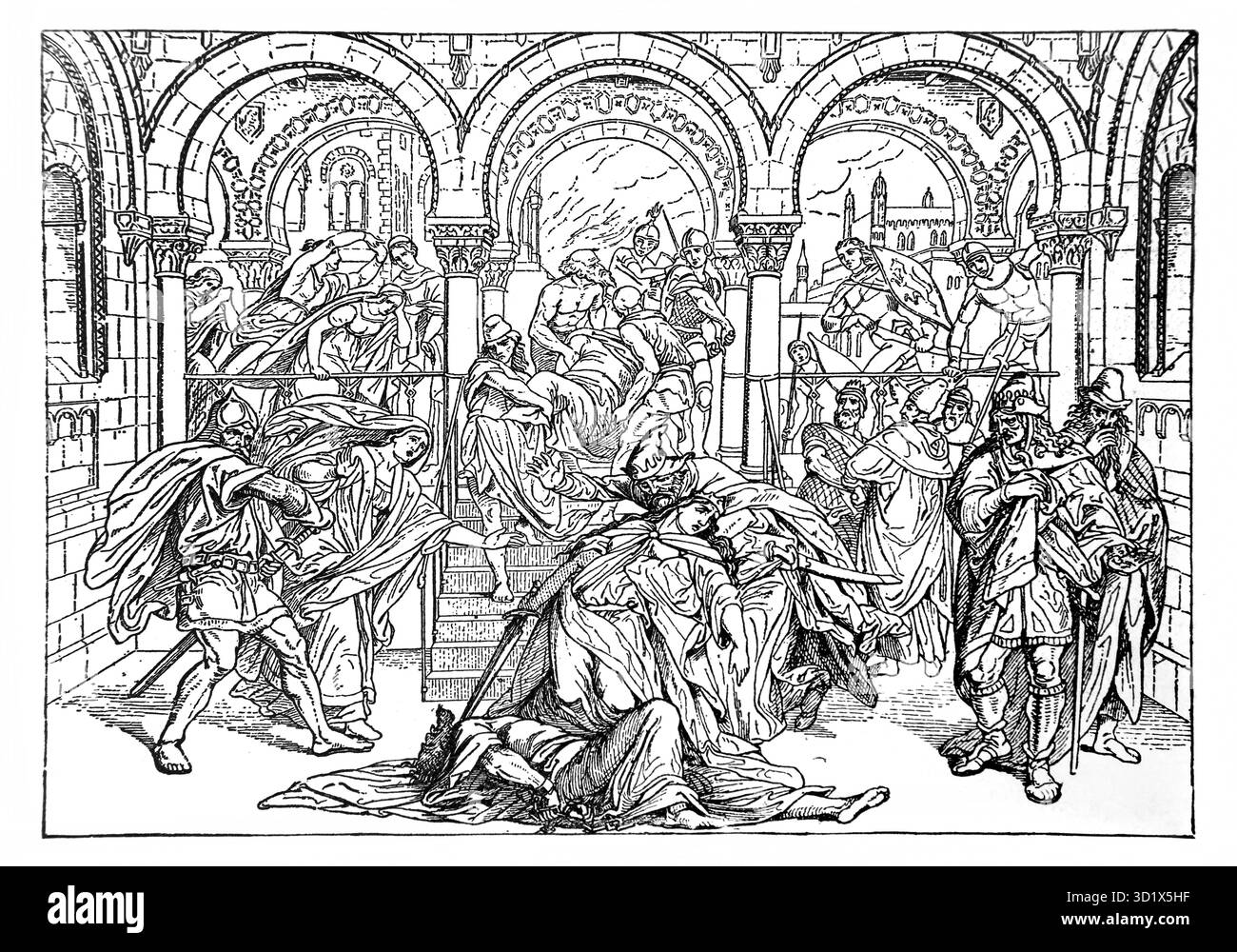 Illustration du massacre du fils d'Achab - le roi Jehu a ordonné aux anciens de Samarie de tuer les soixante-dix fils du roi Achab et de rendre les têtes à Salut Banque D'Images