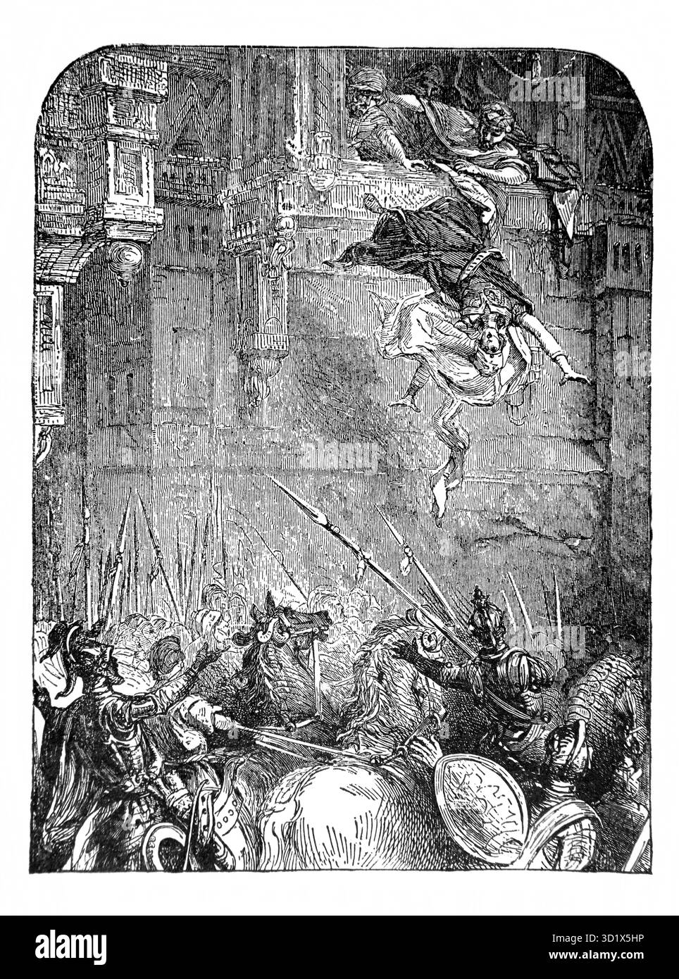 Illustration de la mort de Jézabel (2 Rois) Jehu a ordonné aux serviteurs Eunich de Jézabel de la jeter par la fenêtre (défenestré) où Hor de Jehu Banque D'Images