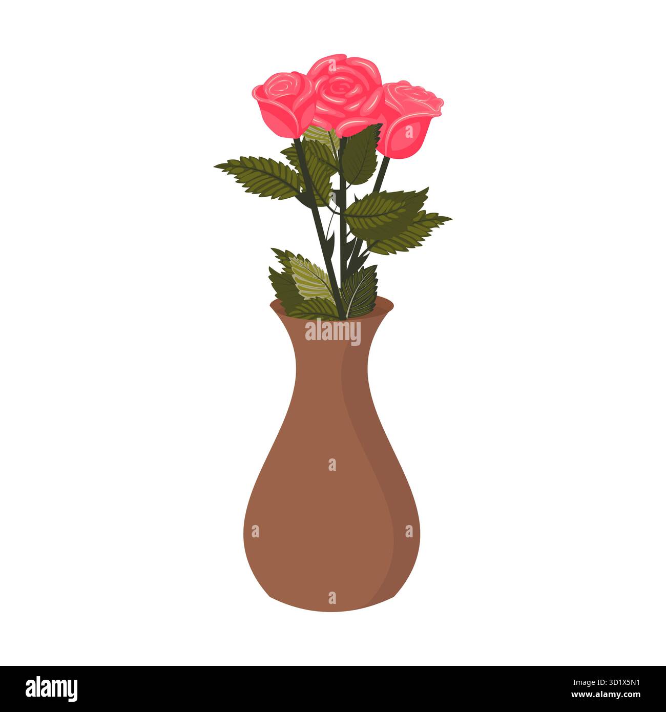 Un bouquet de trois roses rose vif dans un vase en argile. Illustration vectorielle sur un fond blanc. Illustration de Vecteur