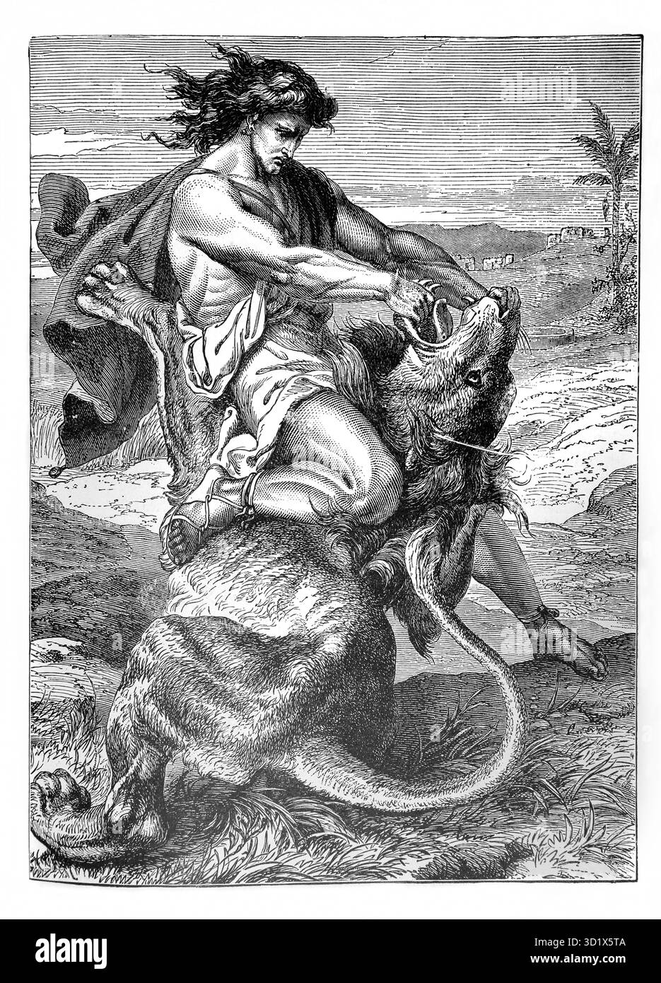 Illustration de Samson tuant le Lion (juges) de l'édition 1890 de la belle histoire Golden Gems of Religious Thought par J.W.Buel Banque D'Images