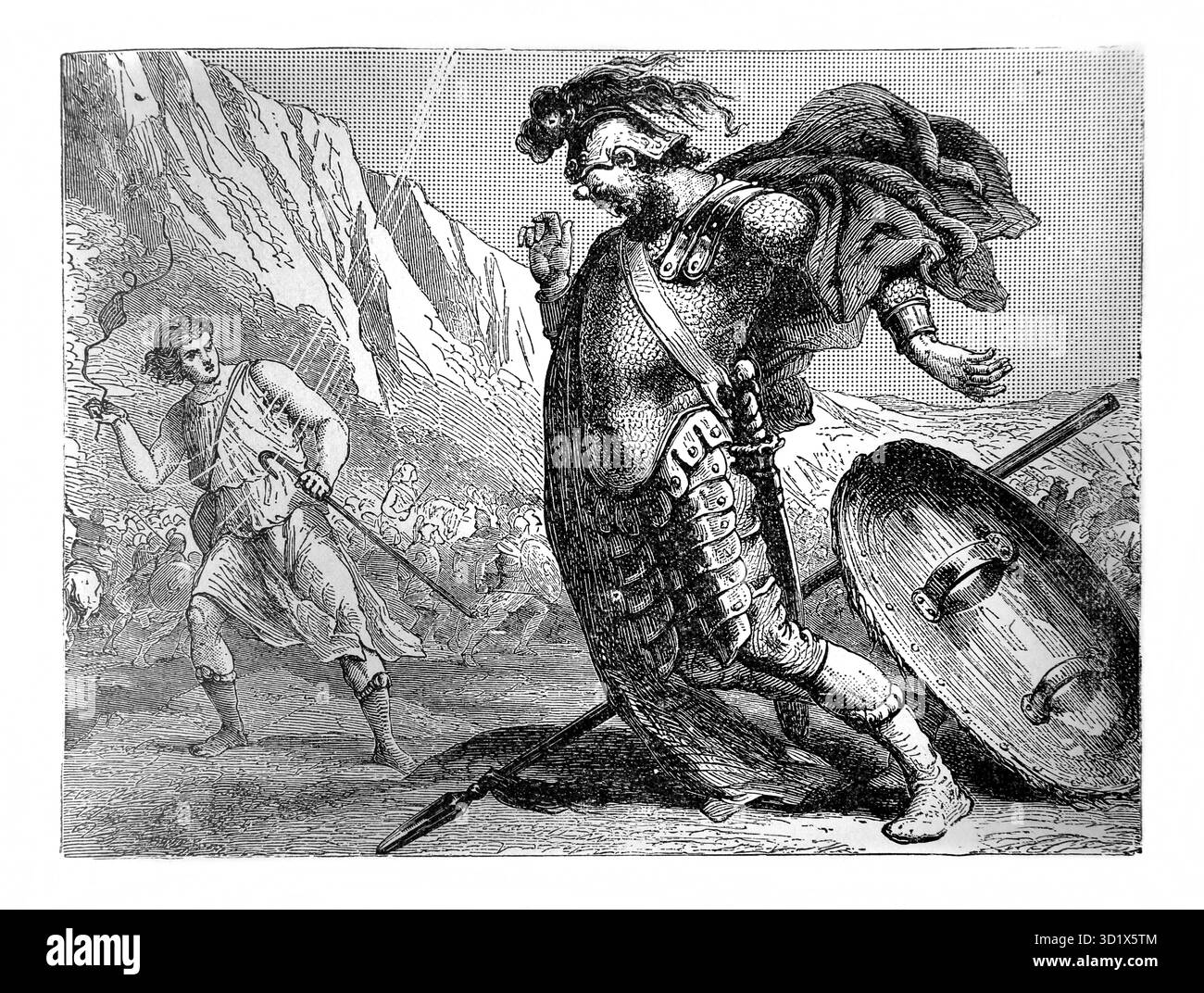 Illustration de la bataille de David et Goliath (Samuel) de l'édition 1890 de la belle histoire joyaux dorés de la pensée religieuse par J.W.Buel Banque D'Images