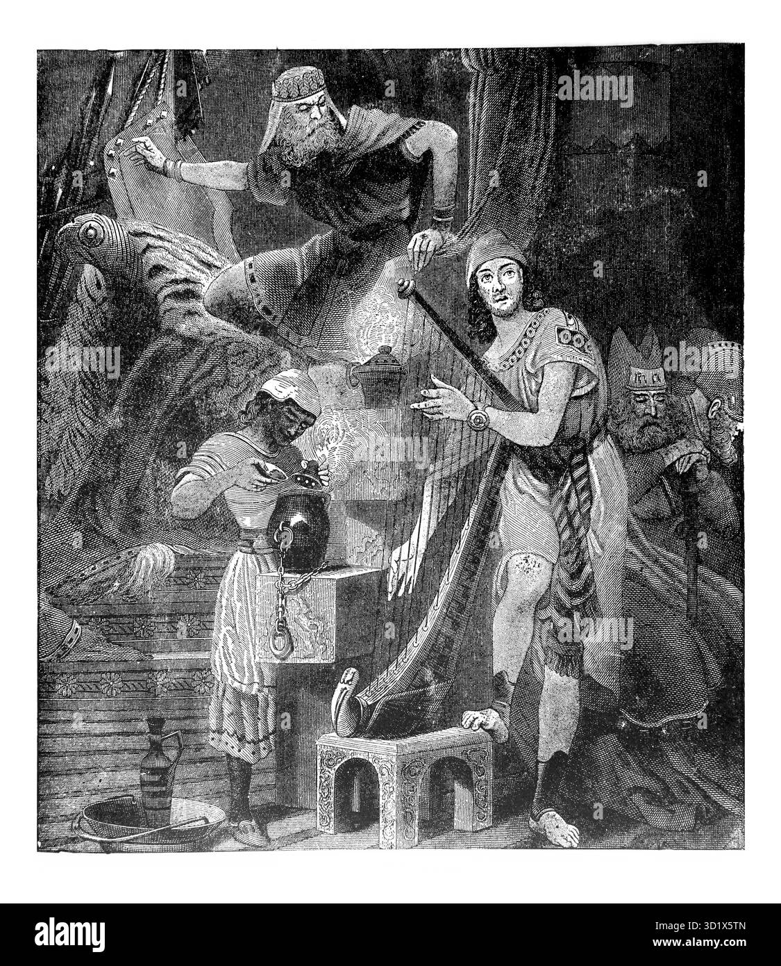 Illustration de David jouant devant Saul - David envoyé jouer la harpe pour le roi Saul pour l'apaiser quand le mauvais esprit vient sur lui (Samuel) Banque D'Images