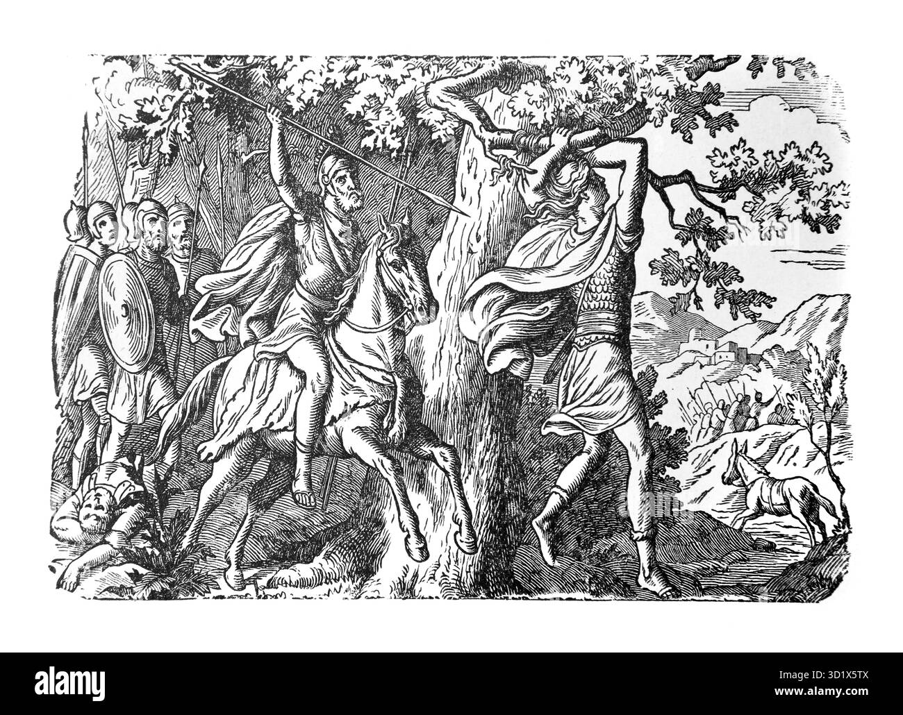 Illustration de la mort d'Absalom - Absalom (fils du roi David) suspendu par les cheveux essayant d'échapper aux hommes de David, il a attrapé sa tête sur une branche de Banque D'Images