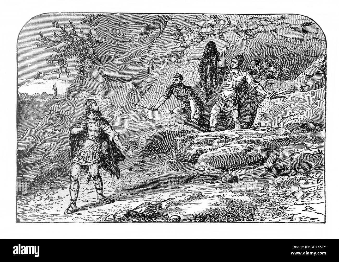 Illustration de David s'adressant au roi Saul tenant la partie de la jupe du roi qu'il a coupée pendant qu'il dormait montrant qu'il a épargné sa vie (Samuel) Banque D'Images