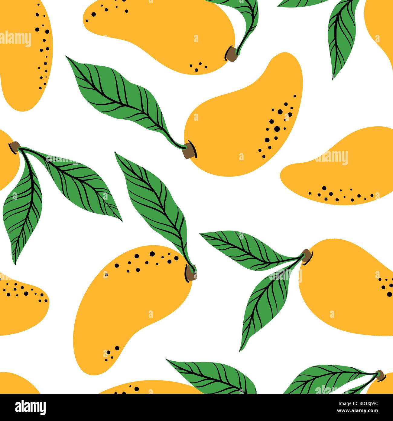 Modèle sans couture avec mangue orange et feuille. Motif de mangue jaune dessiné à la main sur fond blanc. pour tissu, étiquettes de dessin, impression, papier peint Illustration de Vecteur