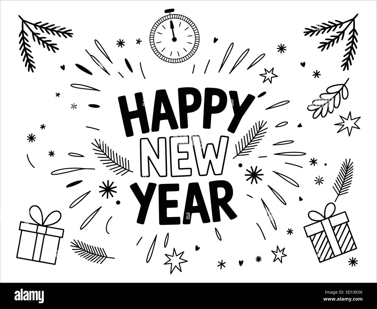 Joyeuse année festive minimale avec horloge et branches de pin Illustration de Vecteur