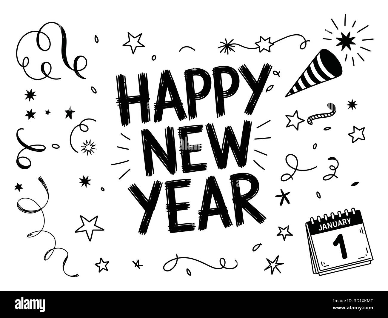 Amusant dessiné à la main bonne année avec calendrier et chapeau de fête Illustration de Vecteur